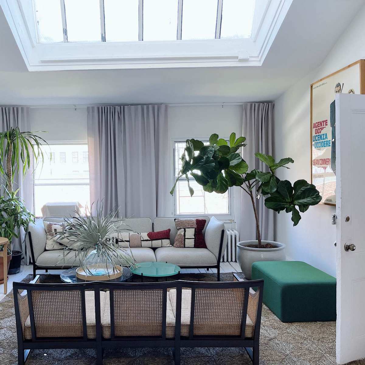 A modern living room featuring a sectional sofa, a coffee table, large windows with natural light, and indoor plants.