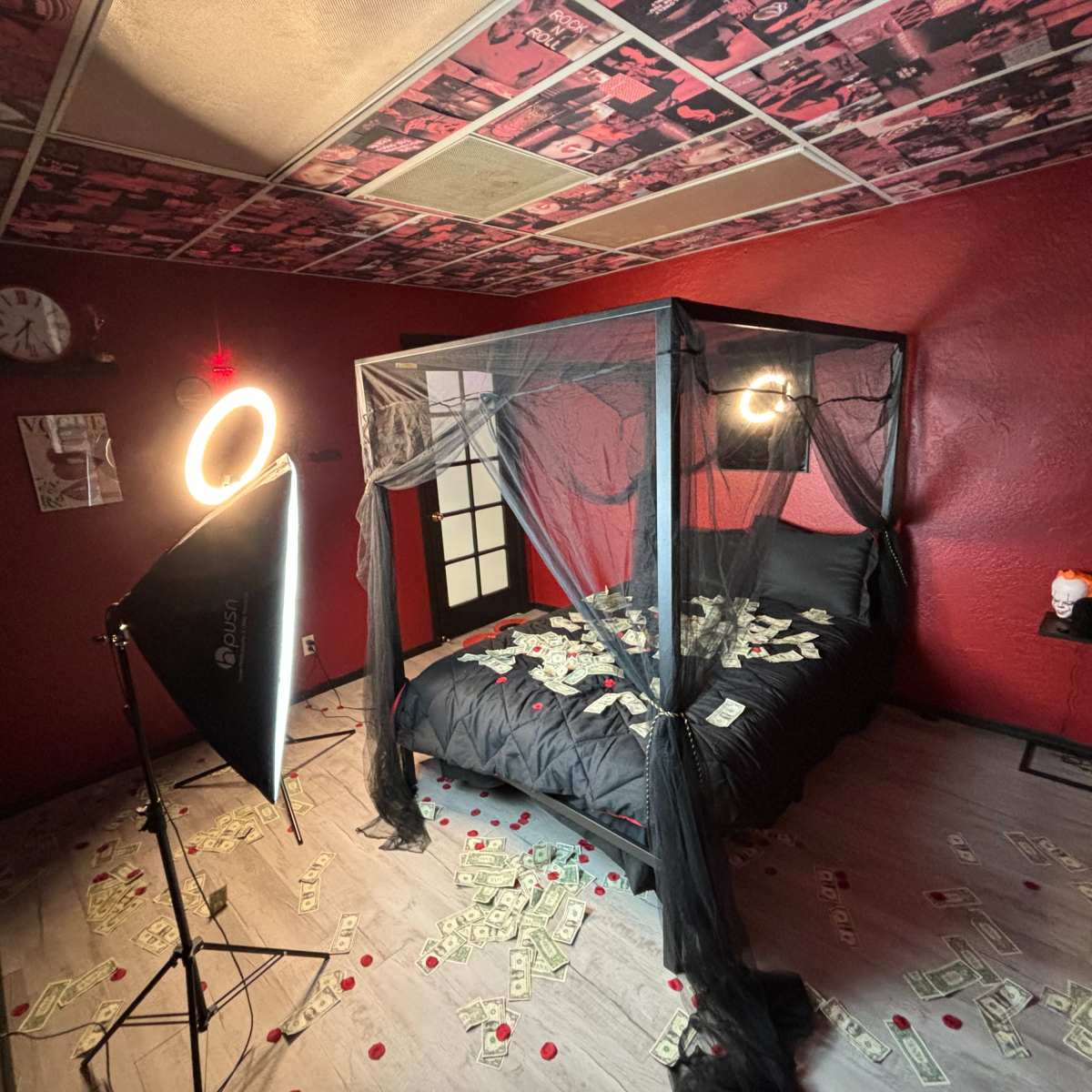 A bedroom with a canopy bed surrounded by scattered dollar bills and red rose petals, featuring a ring light and dark decor.