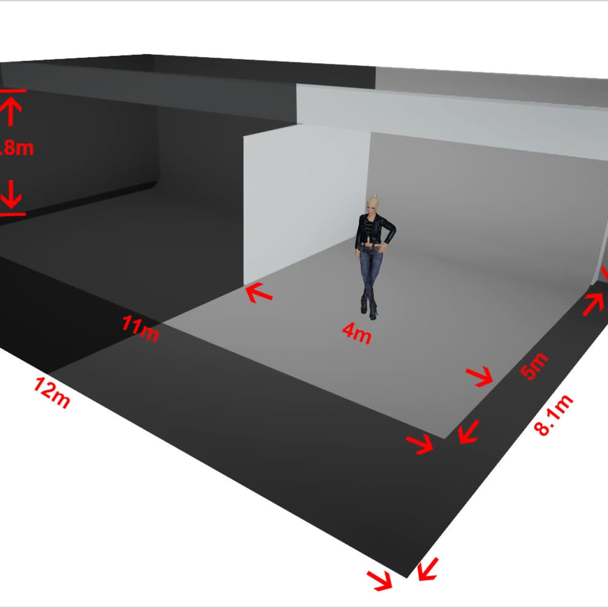 A three-dimensional layout of a room with specified dimensions, showing a figure standing in the space.