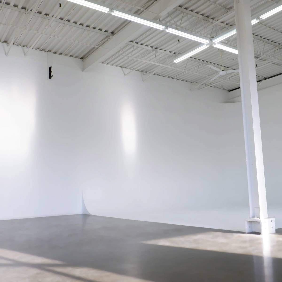 An empty studio space with white walls, polished concrete flooring, and bright overhead lighting.