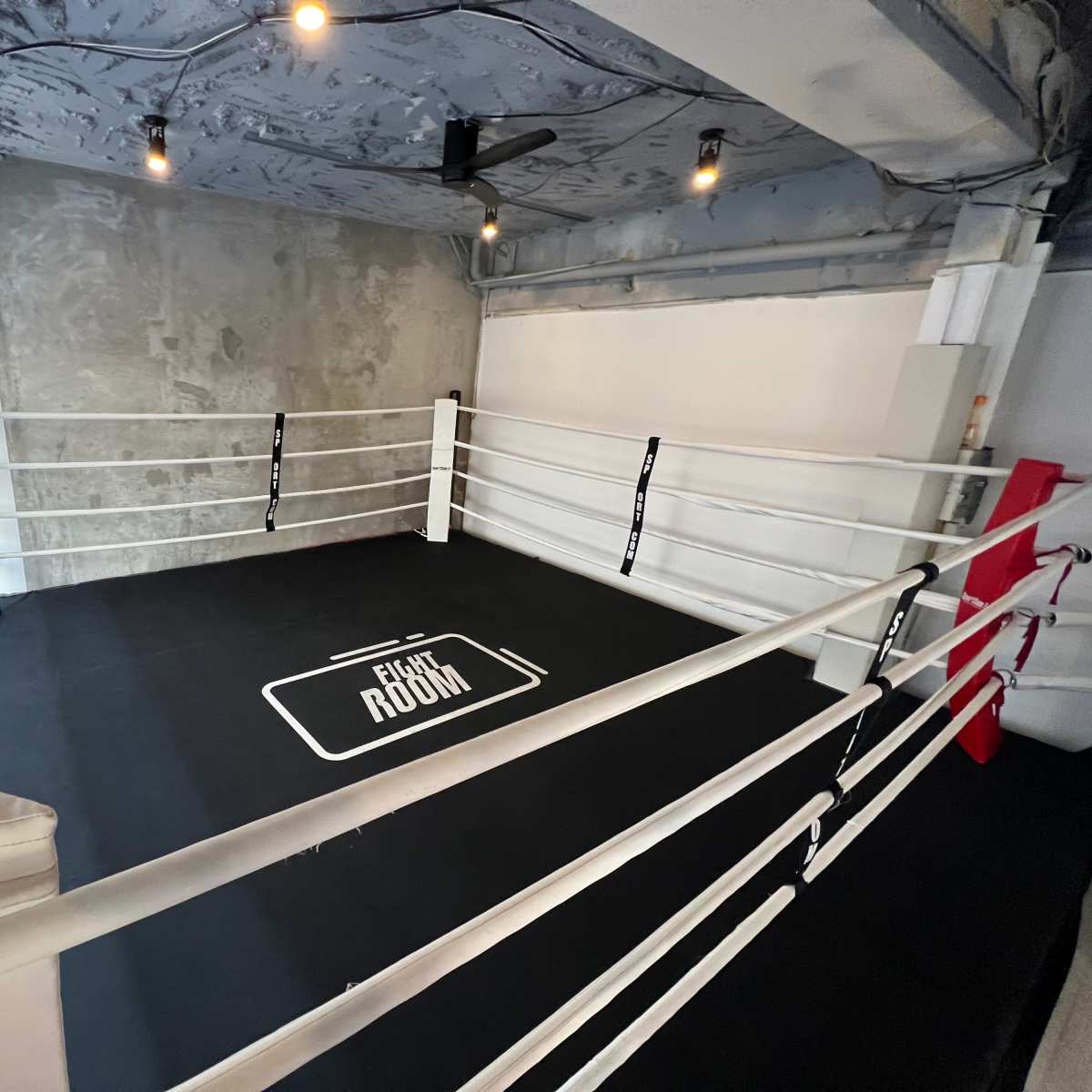 An empty boxing ring with white ropes and a black mat labeled "FIGHT ROOM" in a minimalist gym setting.