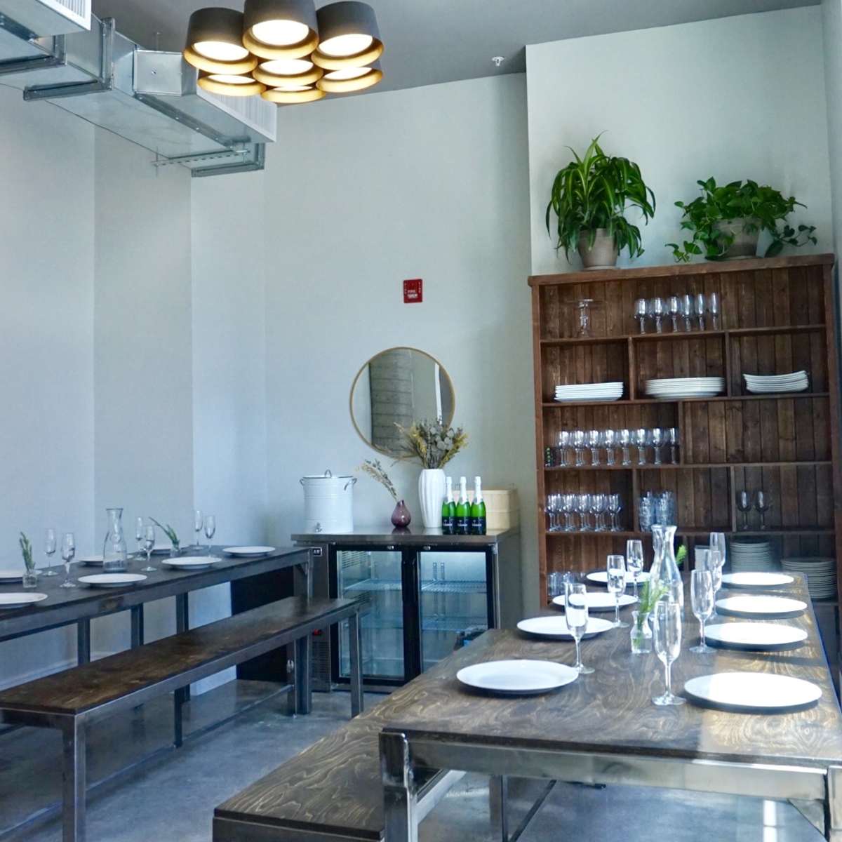 A modern dining room features long wooden tables set with glassware, complemented by a large shelving unit and indoor plants.