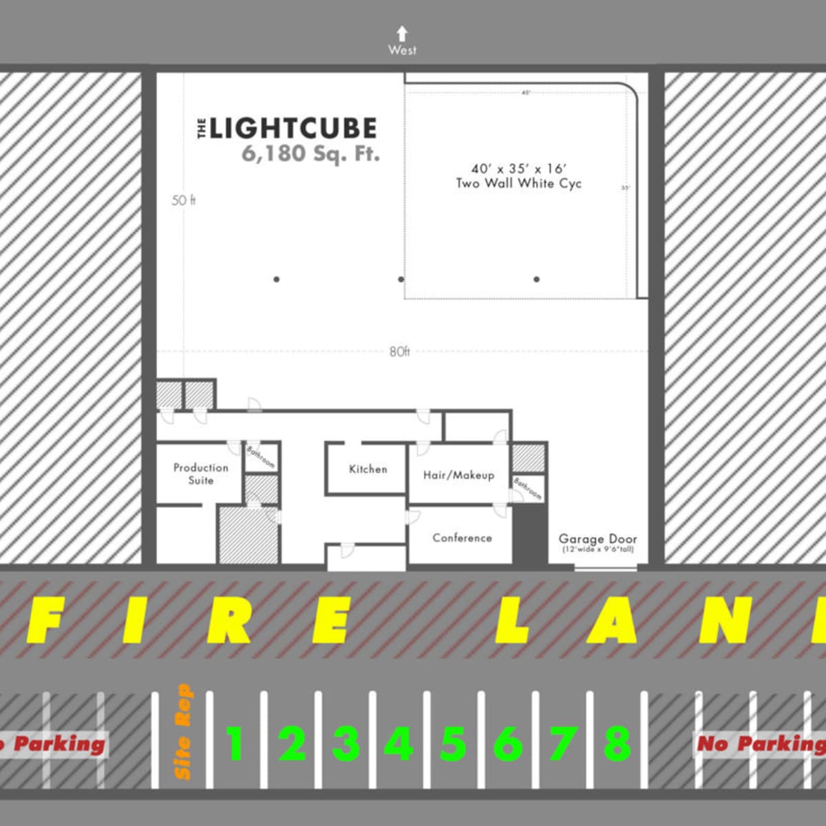 A layout map showing a building labeled "LIGHTCUBE," with designated areas for a production studio, kitchen, conference room, and a fire lane marked with parking restrictions.