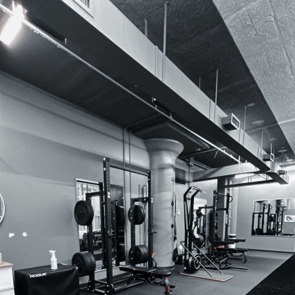 A gym interior featuring weightlifting equipment, a cable machine, and a rubberized floor.