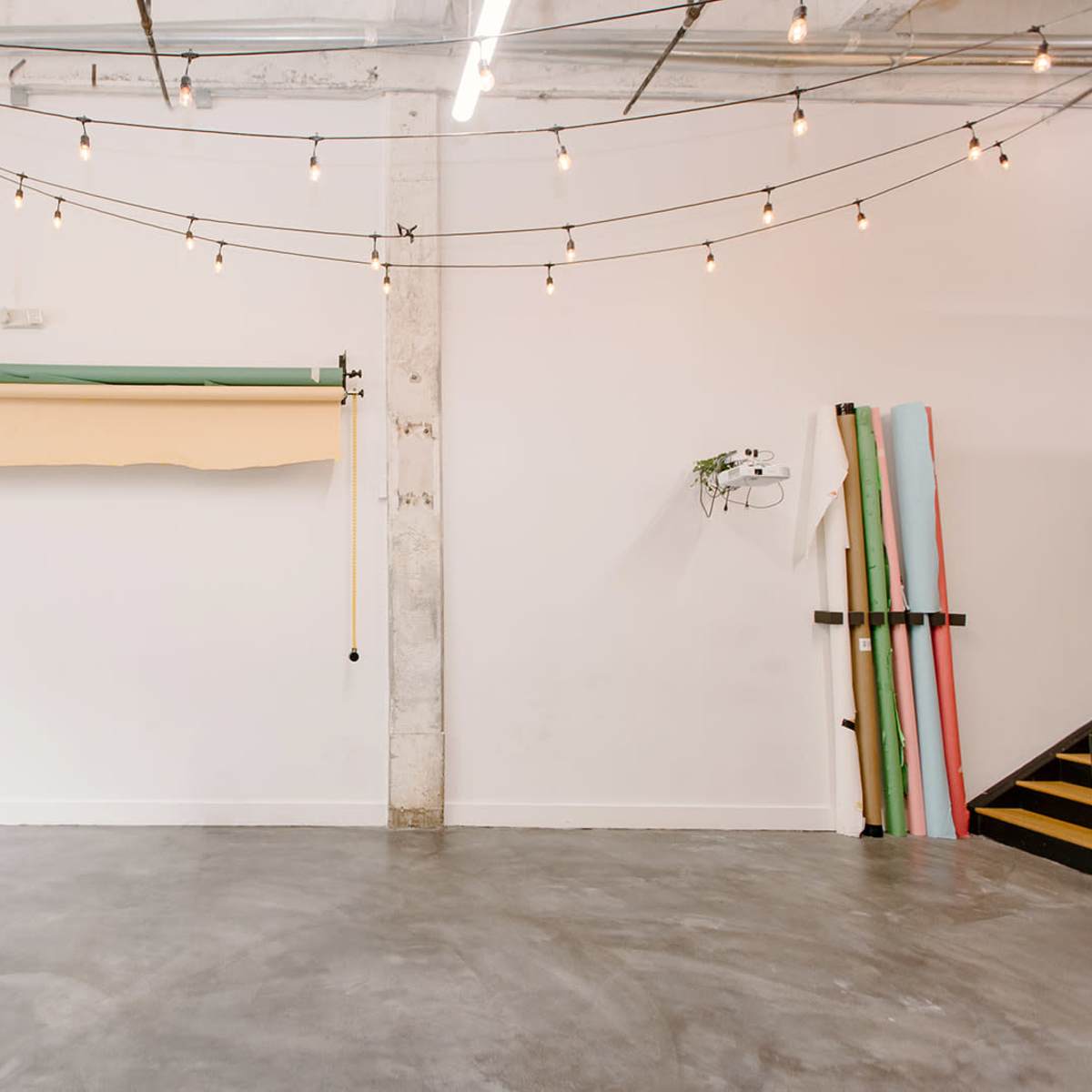 A spacious, well-lit interior with hanging lights, a colorful backdrop on the wall, and a clean concrete floor.