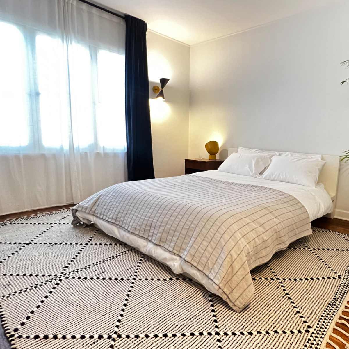 A neatly made bed with a checkered duvet is positioned on a patterned rug in a well-lit room featuring a potted plant and a side table.