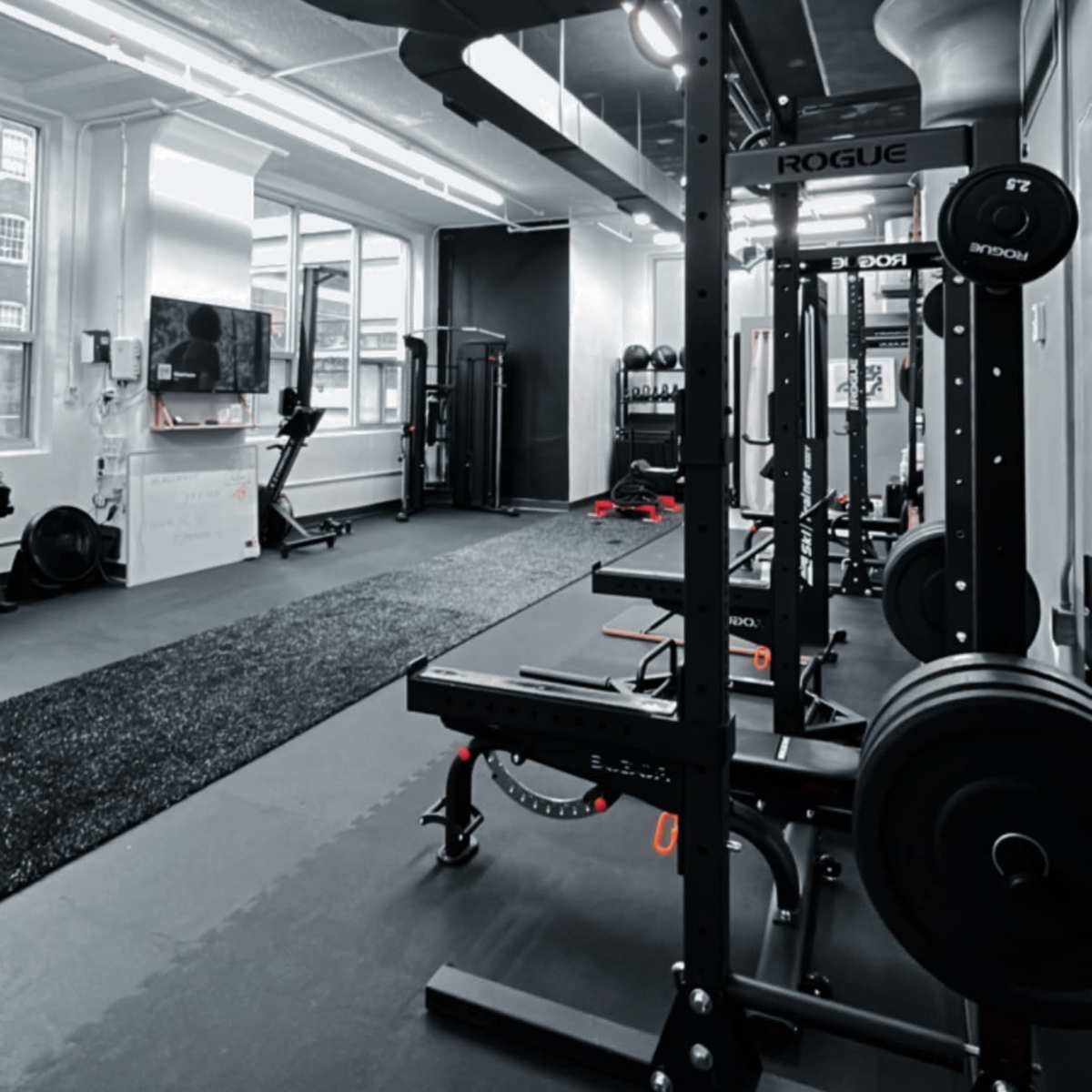 A modern gym interior with weightlifting equipment, including a squat rack and a treadmill, under bright overhead lighting.