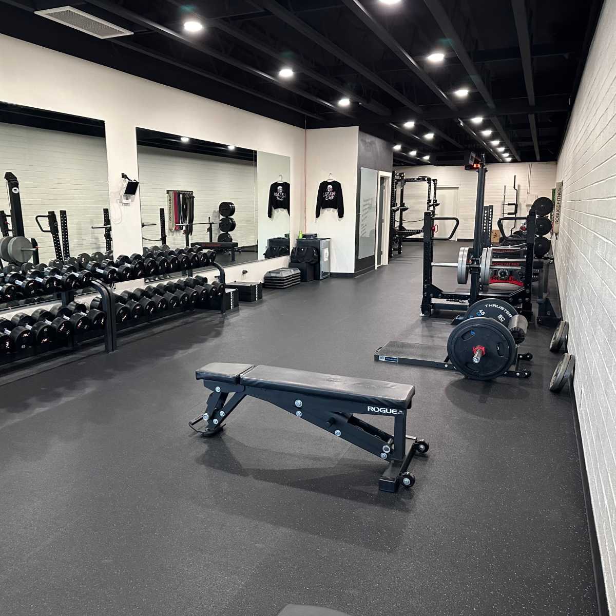 A well-equipped gym with a row of dumbbells, a weight bench, and various strength training equipment in a spacious layout.