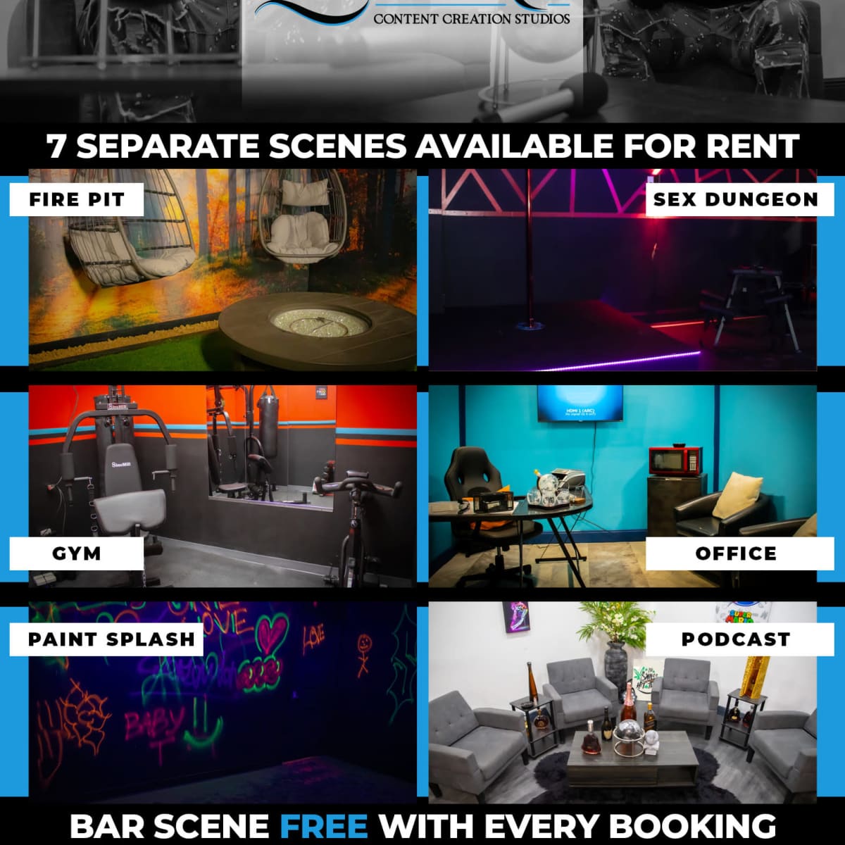 A promotional graphic for FMPIRE, a content creation studio, featuring various themed studio scenes available for rent, including a fire pit area, a gym, a podcast setup, and more, along with the offer of a free bar scene with every booking.