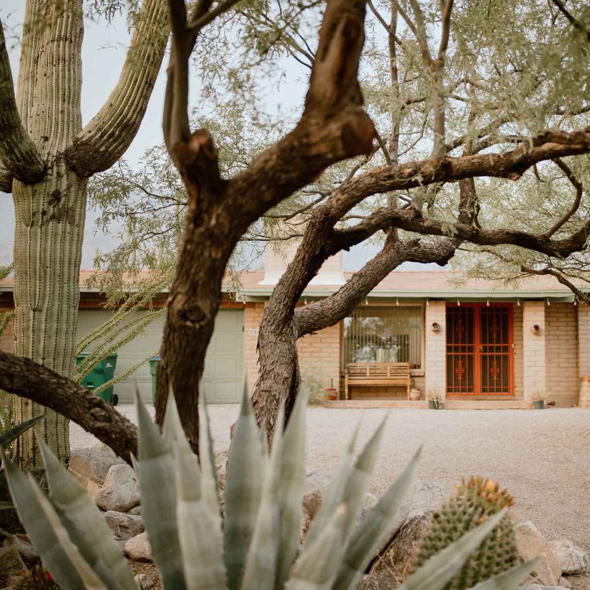 A southwestern-style brick house with a wooden front door is surrounded by desert landscaping, including cacti and gravel.