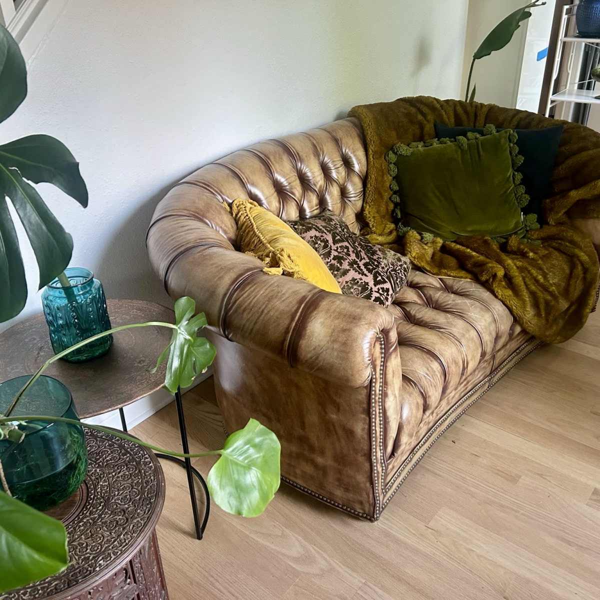 A vintage-style leather couch adorned with decorative pillows and a throw blanket, positioned next to green plants and a small table with decorative glass items.