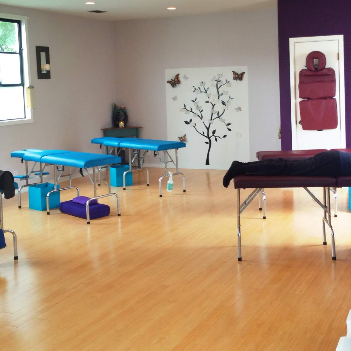 A tranquil massage therapy room equipped with massage tables, where two clients are positioned on the tables, and the walls feature calming decor.