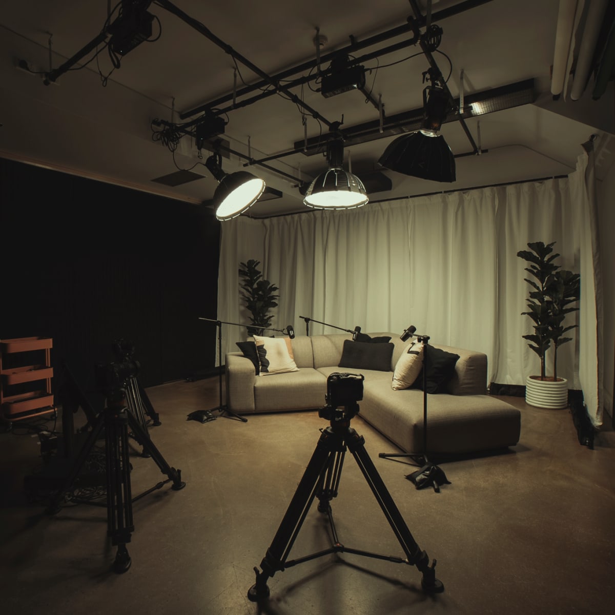 A dimly lit studio with two sofas, microphone stands, and cameras positioned around a backdrop of curtains and potted plants.