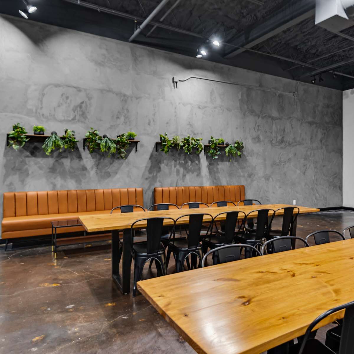 A spacious dining area with a long wooden table, black chairs, and a bench along the wall, adorned with hanging plants.