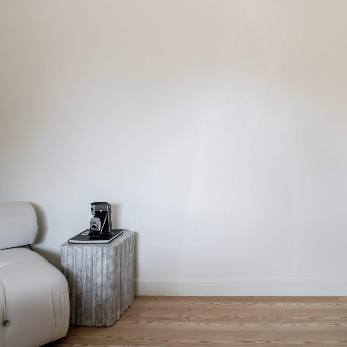 A minimalist interior features a light-colored wall, a wooden floor, a gray couch, and a side table with a vintage camera on it.
