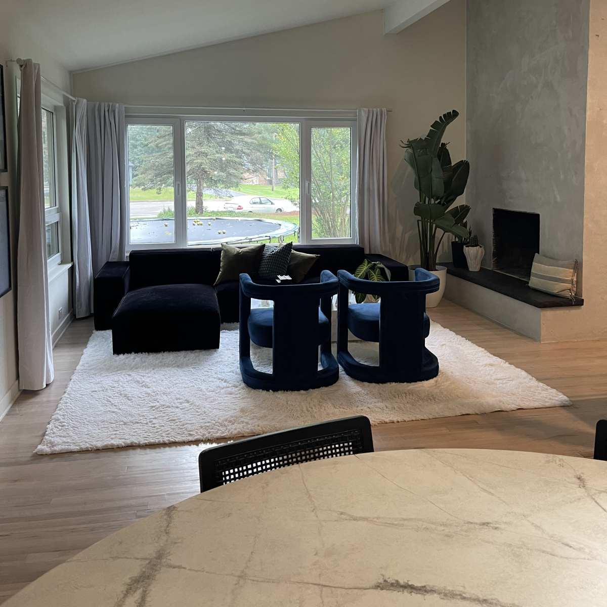 A modern living room features a dark blue sectional sofa and two circular chairs arranged on a light rug, with large windows overlooking greenery.