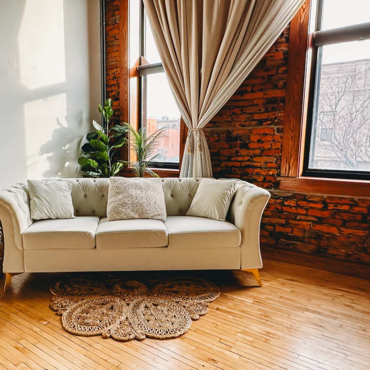 A light-colored couch with cushions is positioned near large windows in a room with exposed brick walls and wooden flooring, accompanied by a decorative plant and a round rug.