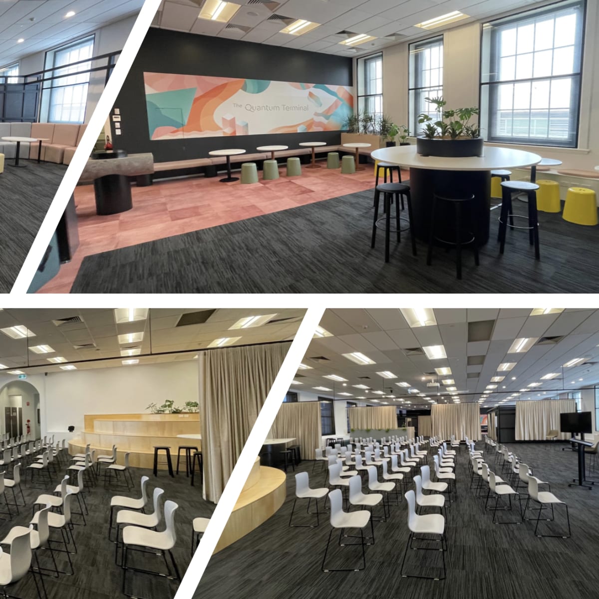 A modern multipurpose room featuring flexible seating arrangements, partitions, and a central stage area for events.
