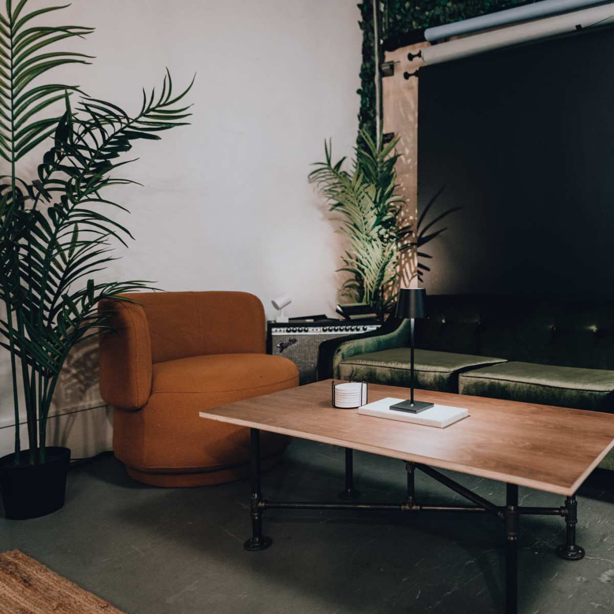 A green velvet sofa and a round orange chair are positioned around a wooden coffee table in a room with potted plants and a black backdrop.