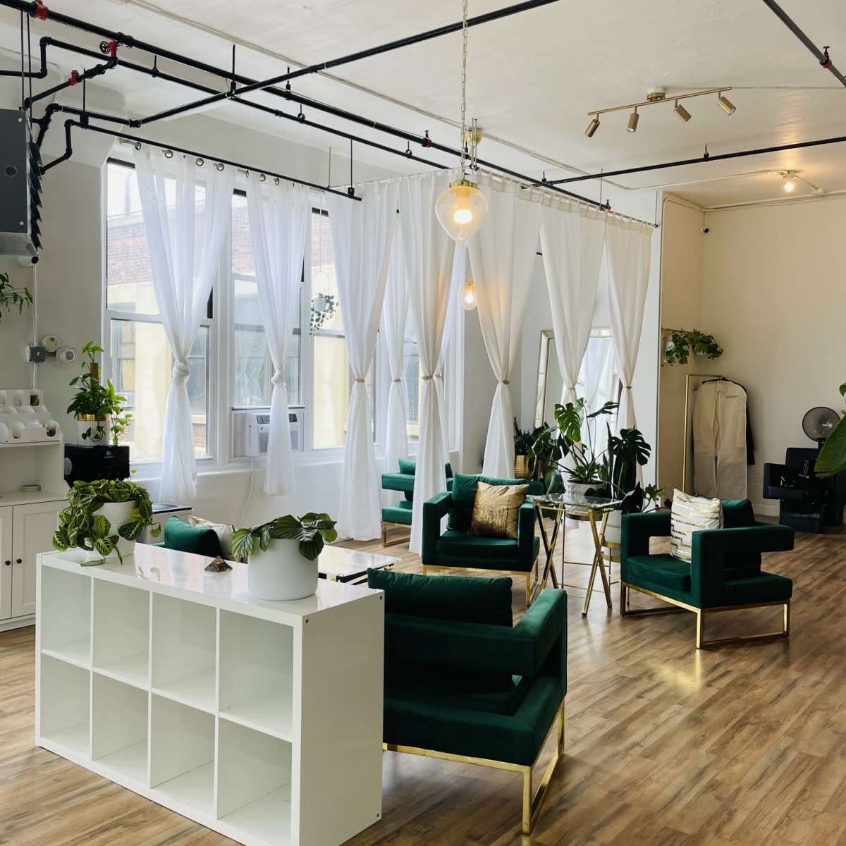 A spacious interior with green upholstered chairs, a white shelf, large windows draped with sheer curtains, and various plants arranged throughout the room.