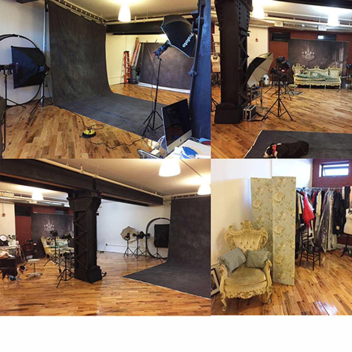 A photography studio featuring a variety of backdrops, lighting equipment, and vintage furniture arranged in a spacious wooden-floored room.