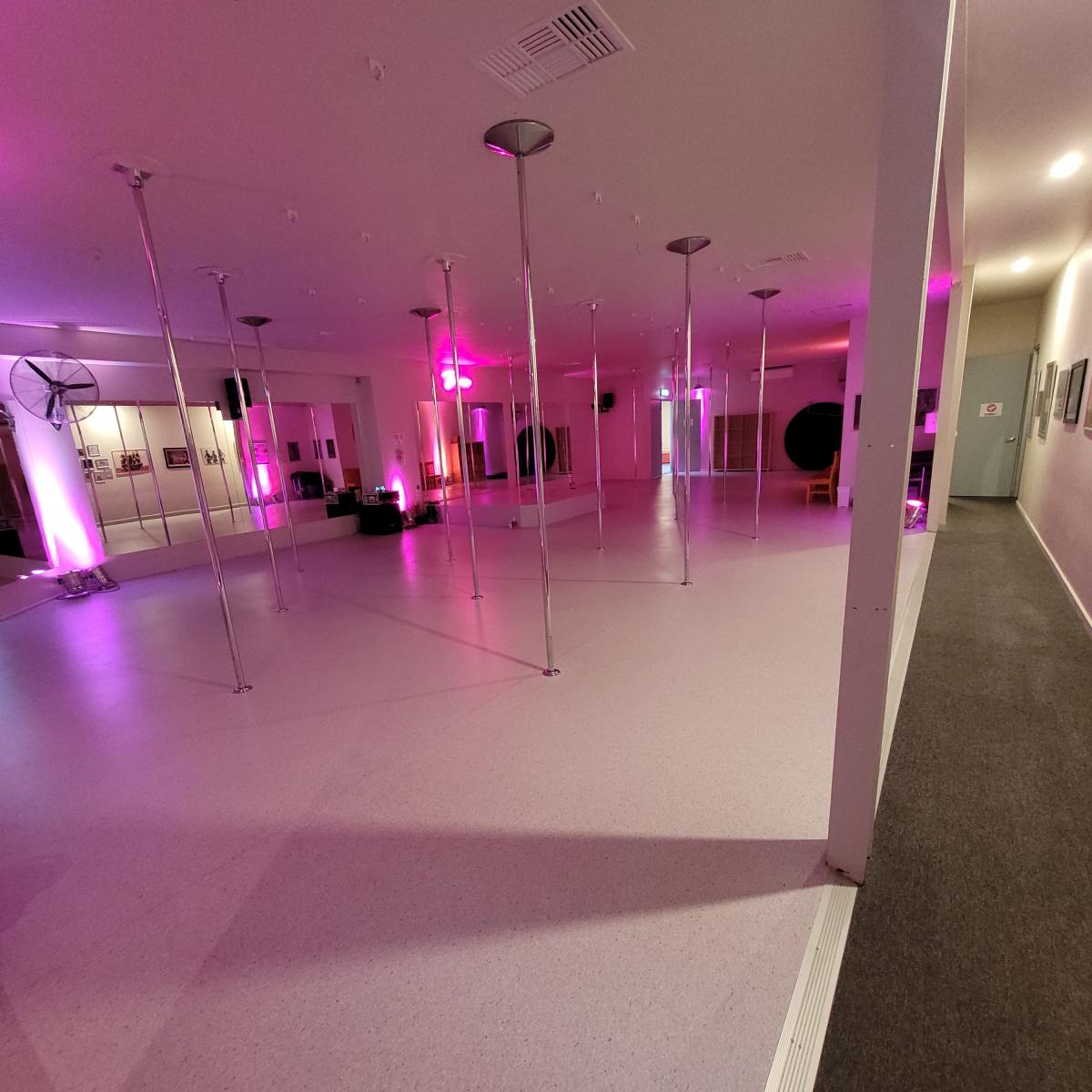 An empty dance studio with several vertical poles and soft pink lighting.