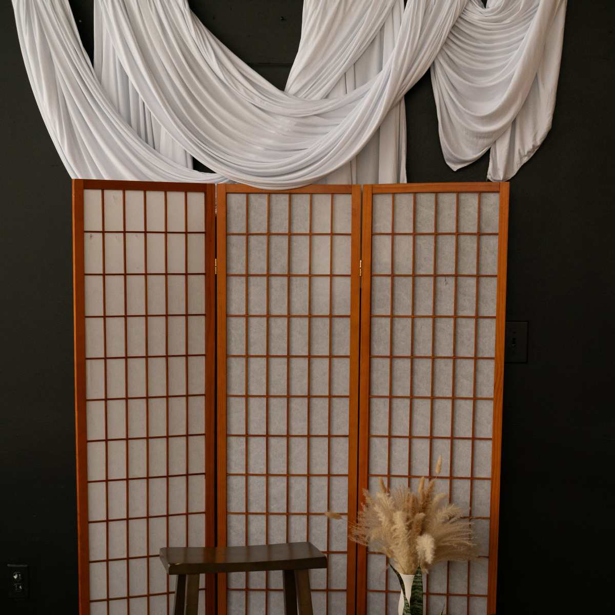 The scene features a wooden folding screen, a tall stool, and a potted plant with decorative elements on a patterned rug against a black wall.