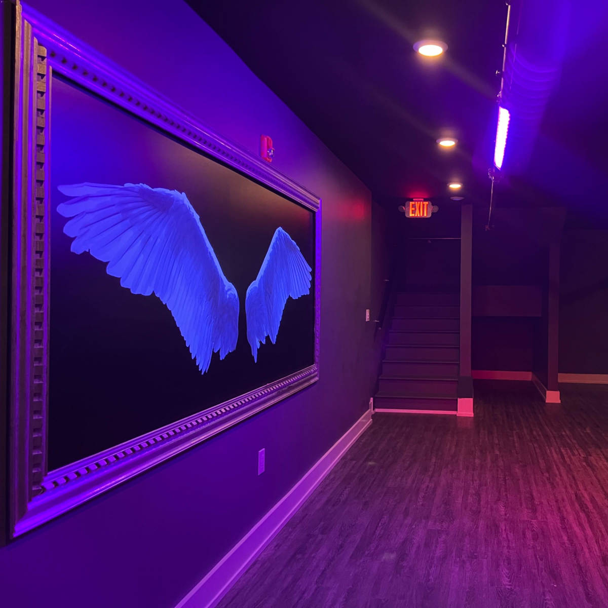 A dimly lit room with purple lighting, featuring a large framed artwork of blue wings on one wall and a TV mounted on another wall.