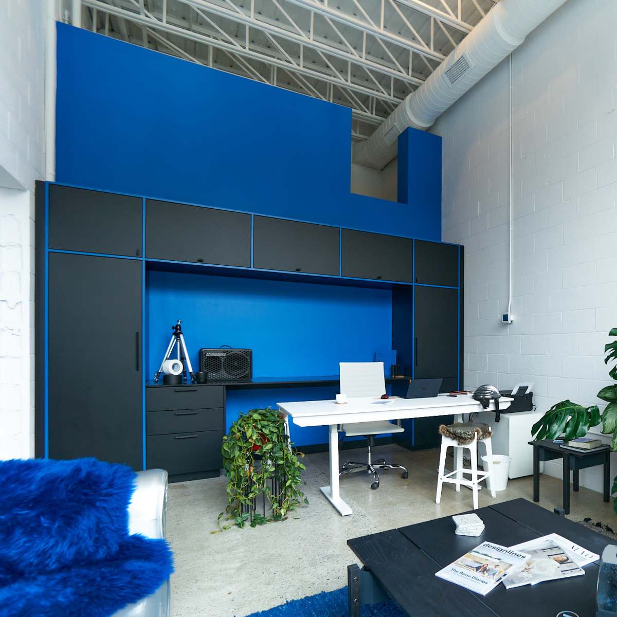 A modern office space featuring a blue accent wall, a white desk with a computer, plants, and a black storage unit.