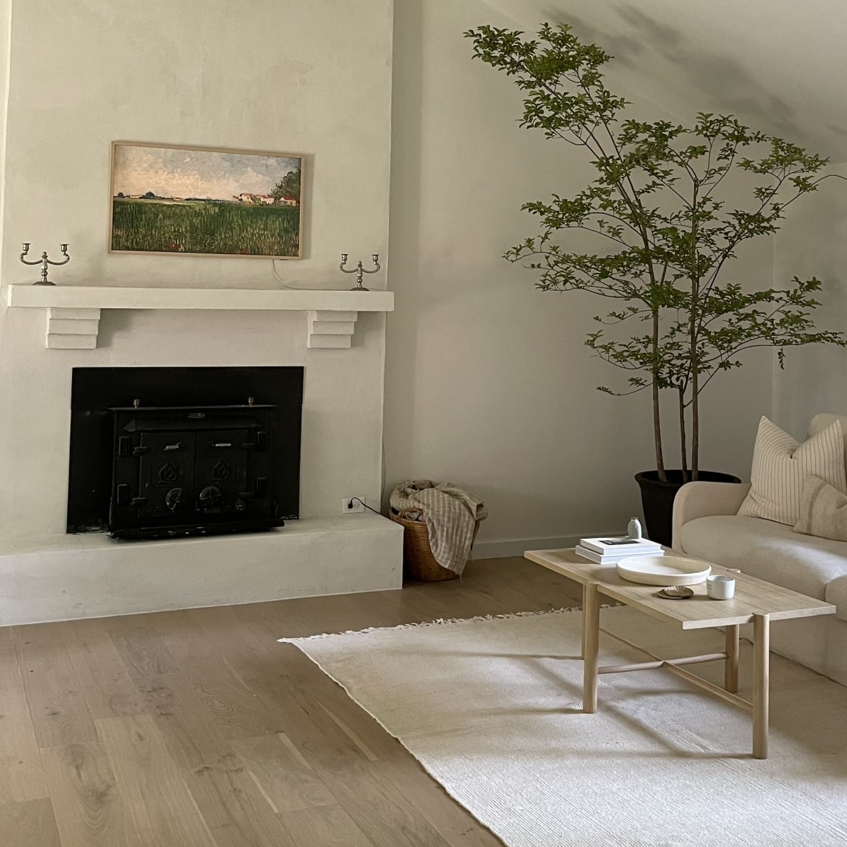 A minimalist living room with a white couch, a small wooden table, a fireplace, and a potted tree against a light-colored wall.