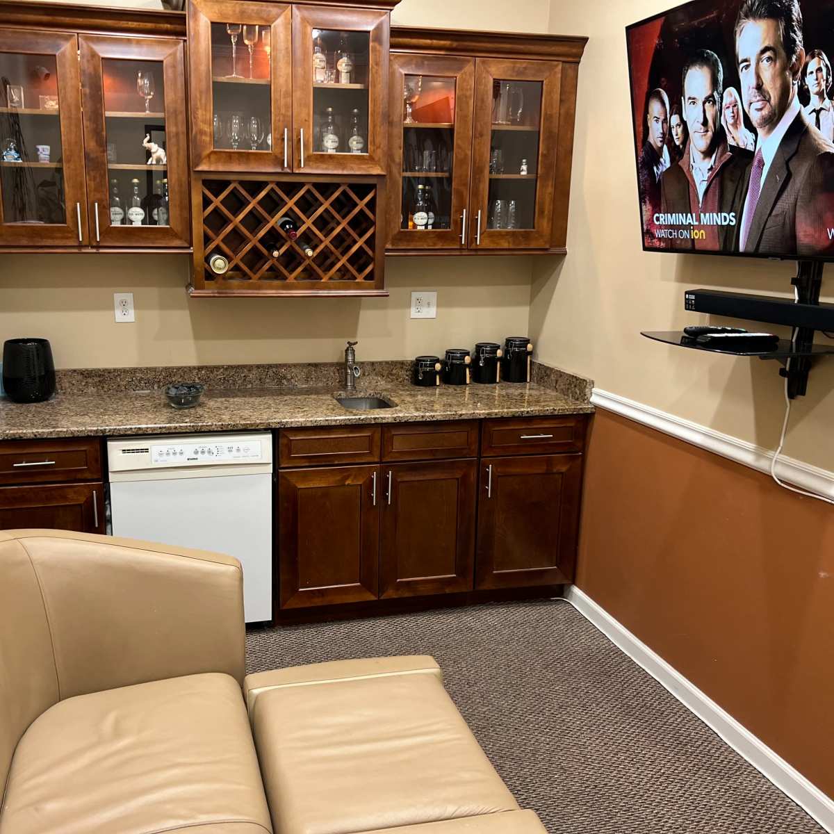 A small room with a kitchenette featuring wooden cabinets, a sink, a dishwasher, and a couch facing a wall-mounted television.
