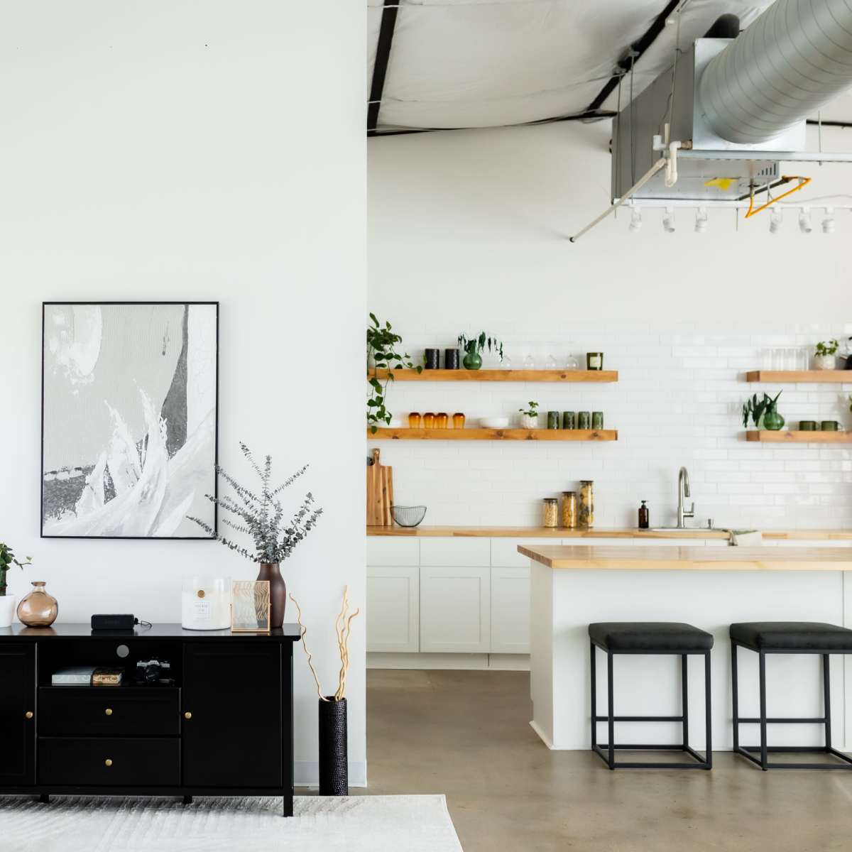 A modern, minimalist living space features a black cabinet, a white wall with a large framed artwork, and a kitchen area with open shelves displaying plants and jars.