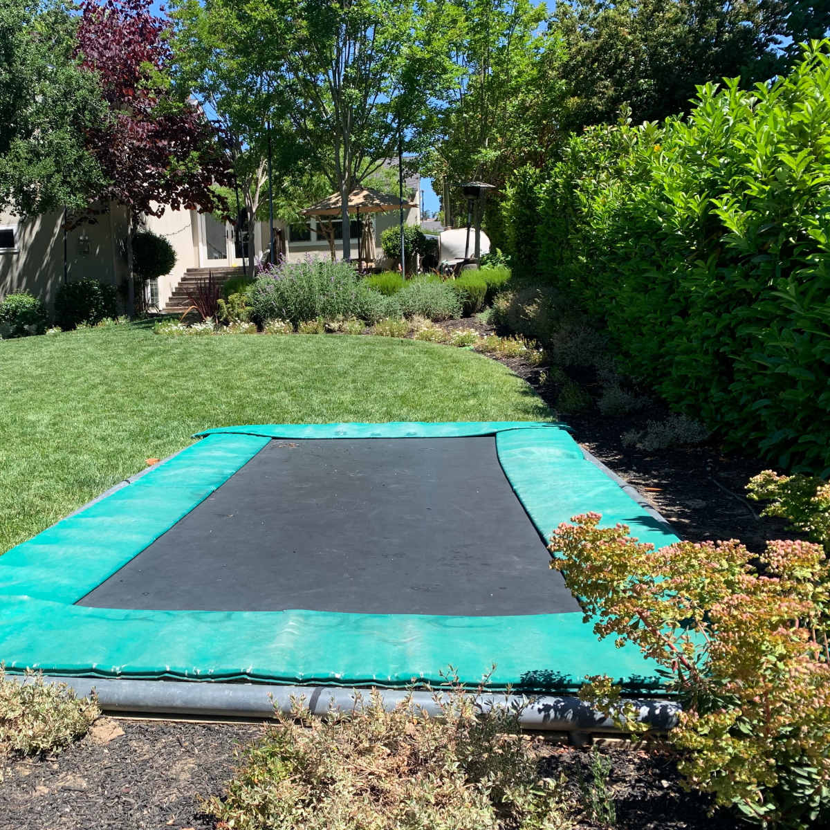 A trampoline is placed on a lawn surrounded by greenery and flowering plants.