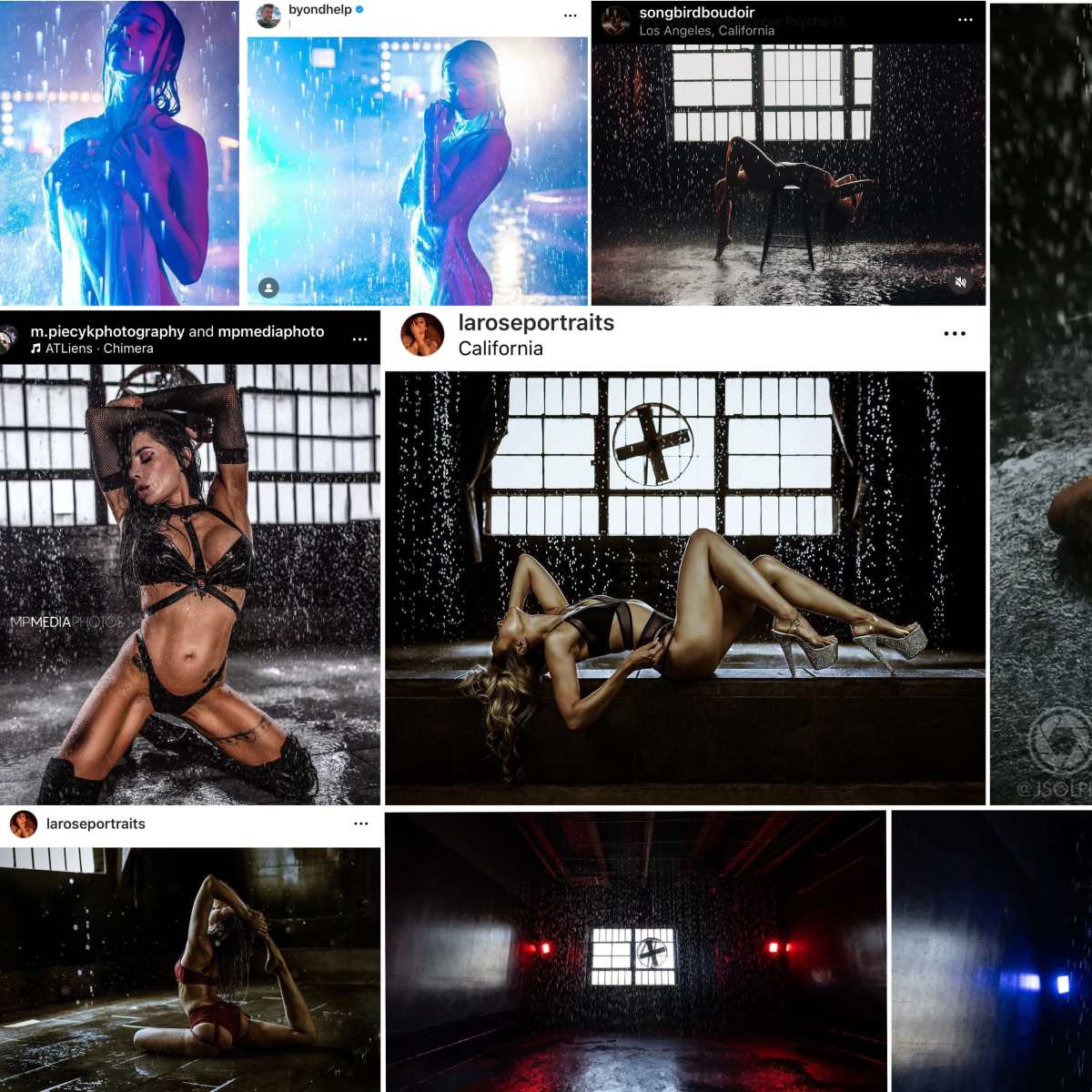 Features multiple photos of models posing in a rain-like environment within an indoor setting, showcasing dramatic lighting and composition.