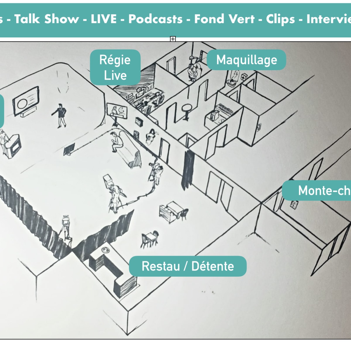 A floor plan of a studio layout featuring areas for live broadcasting, makeup, rest and dining, along with labels for various sections.