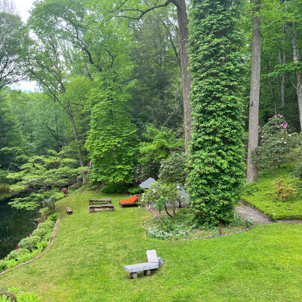 A lush green landscape with a pond, surrounded by trees, and a seating area with benches and an orange chair.