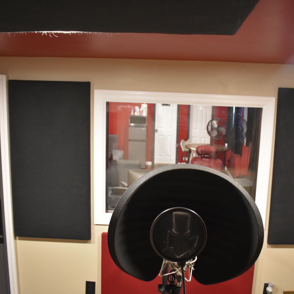 A recording studio with a microphone in the foreground and soundproof panels on the walls, while a window reveals a room in the background.