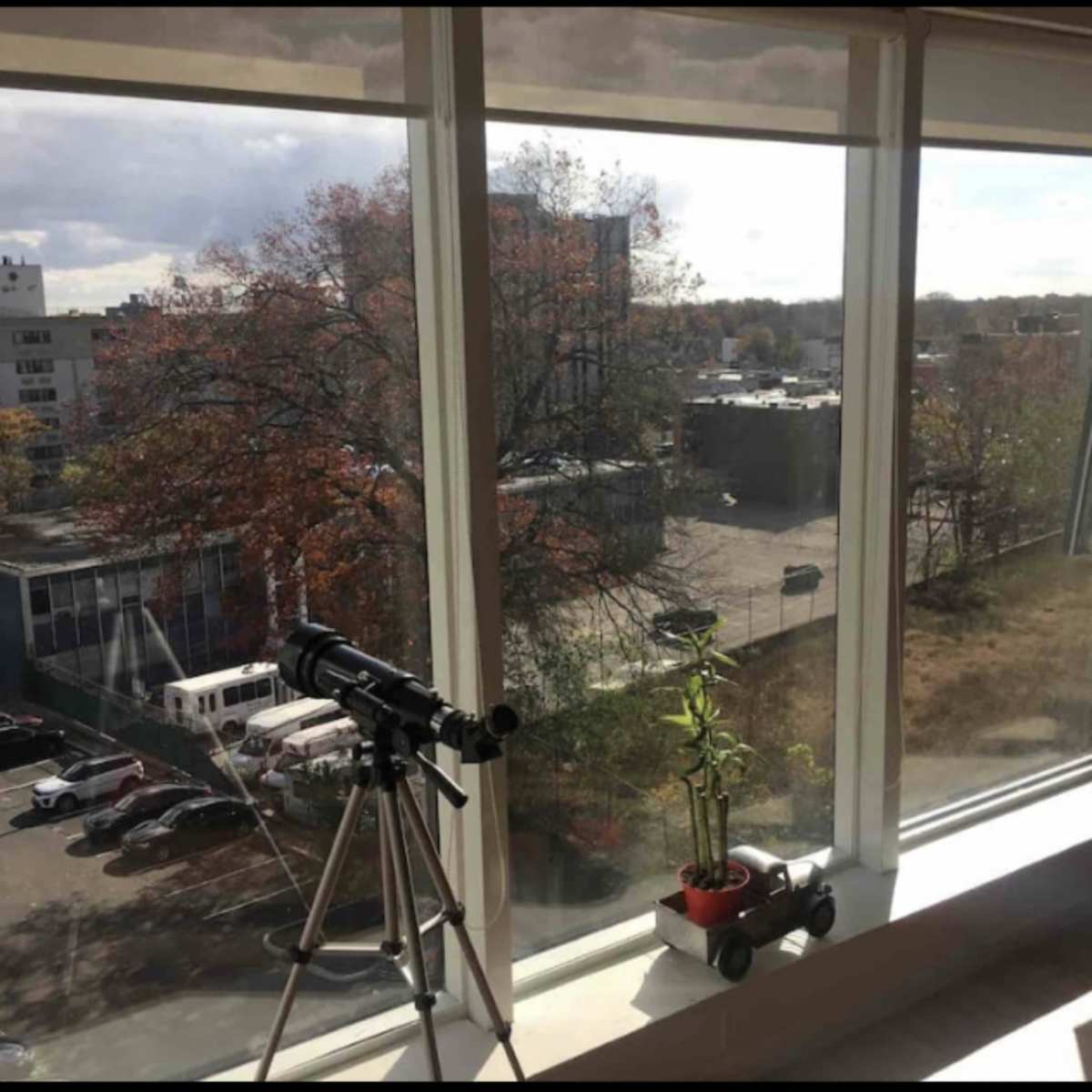 A large window view overlooking a parking lot and buildings, with a telescope and a potted plant on a windowsill inside.