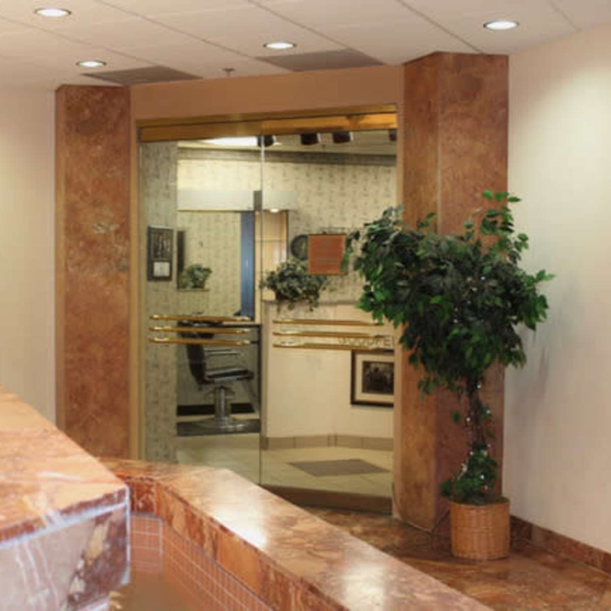 A modern lobby area with a water fountain, potted plant, and glass doors leading to an office space.