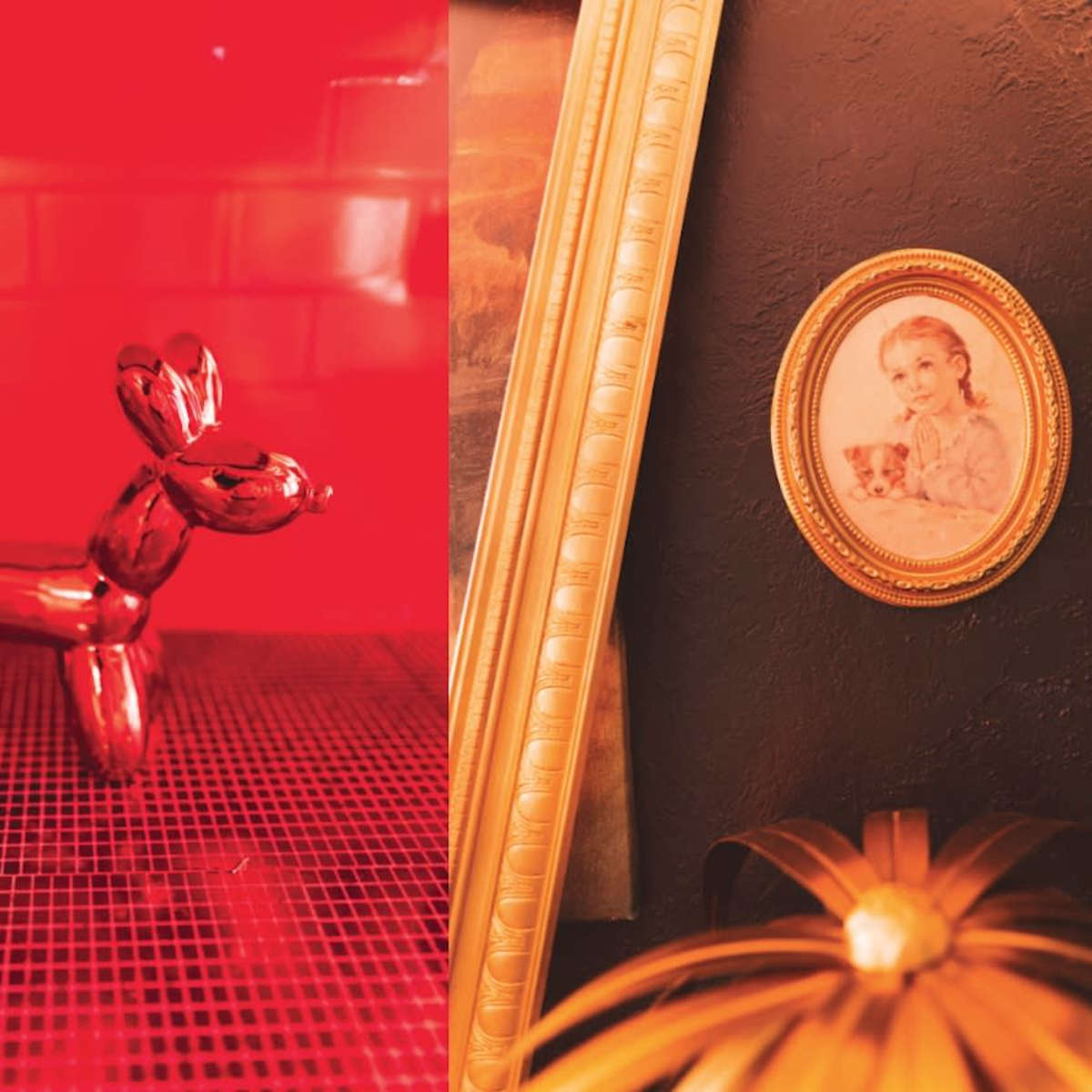 Three distinct sections: a shiny, red balloon dog sculpture, a framed vintage portrait, and a mannequin illuminated by blue neon light.