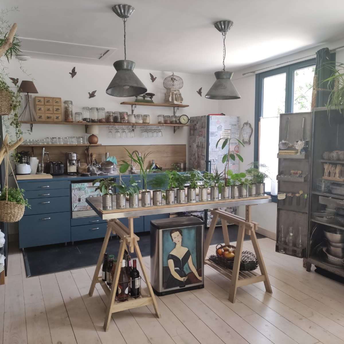 A spacious kitchen features a blue cabinetry setup, an island with potted plants, and various kitchenware arranged on shelves and in open storage.