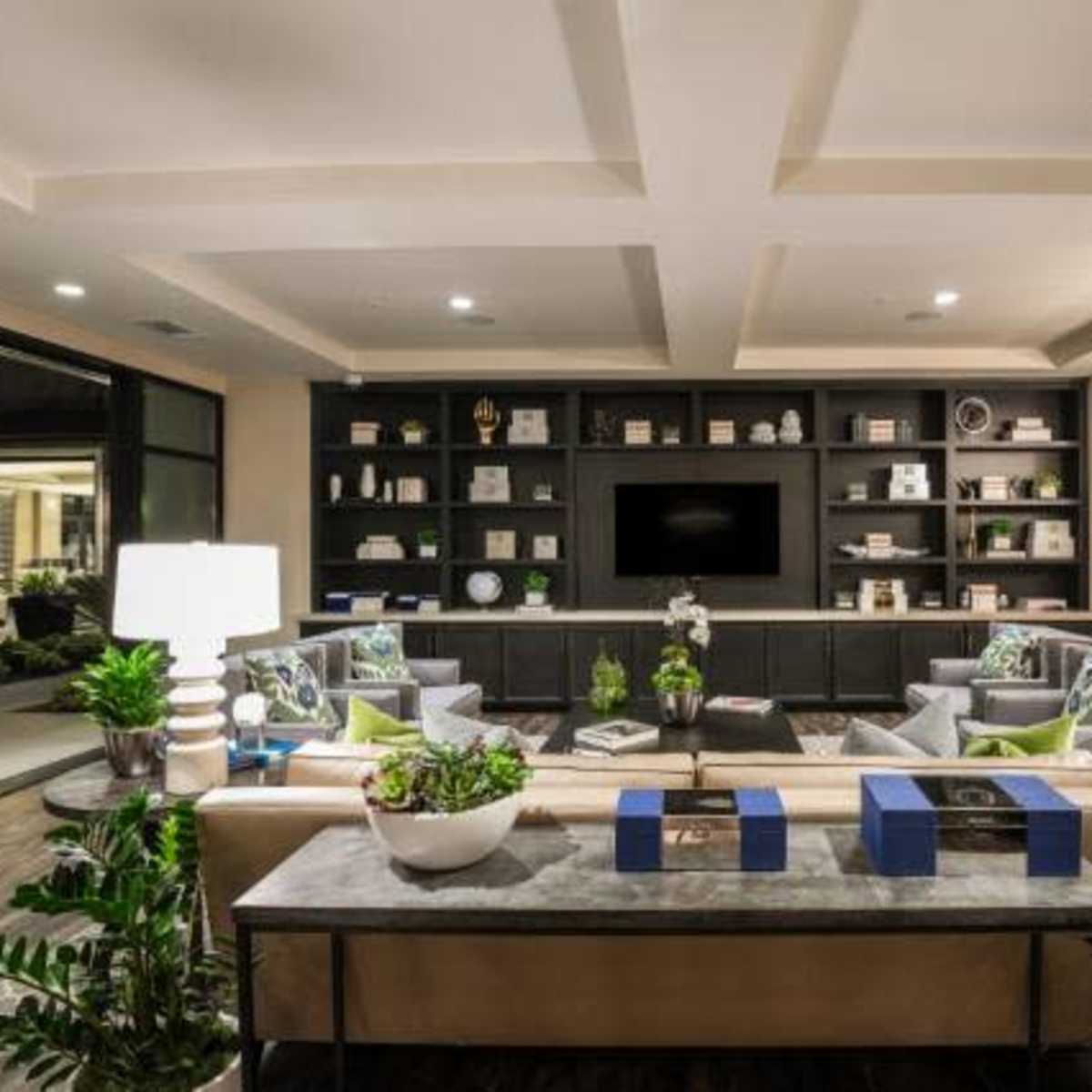 A modern lounge area with a sofa and chairs arranged around a coffee table, flanked by decorative plants and illuminated by table lamps, with a large bookshelf and a television in the background.