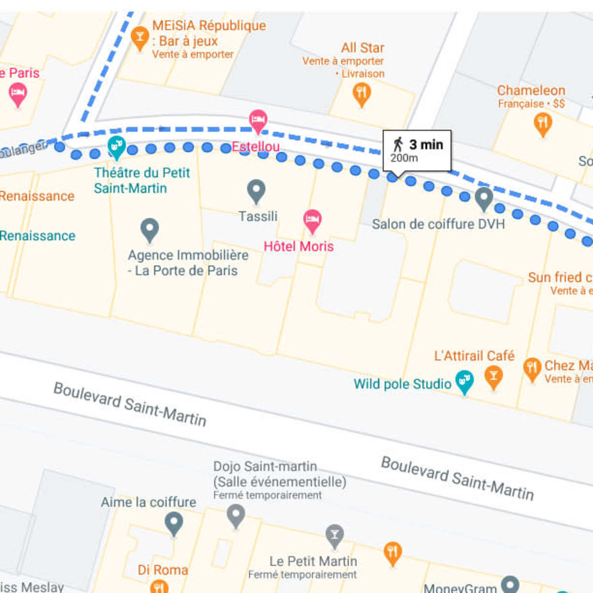 A map indicating a walking route from Shapes Studio to Parking Garage, with a distance of approximately 3 minutes.
