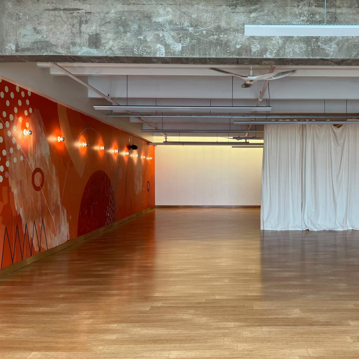An empty room with wooden flooring, a colorful painted wall on one side, and a white curtain draped across an opening at the far end.