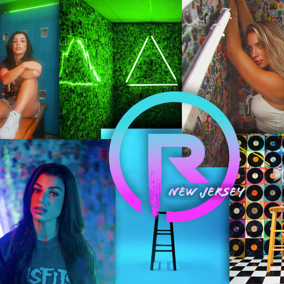 A collage of vibrant, colorful rooms and individuals posing with various themes and props, showcasing a modern artistic environment.