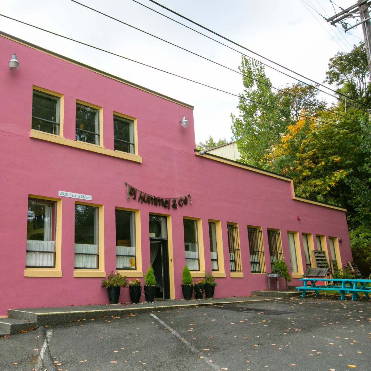 A pink building with yellow trim, featuring multiple windows and a sign that reads "Alpine & Co." in front of a parking area.