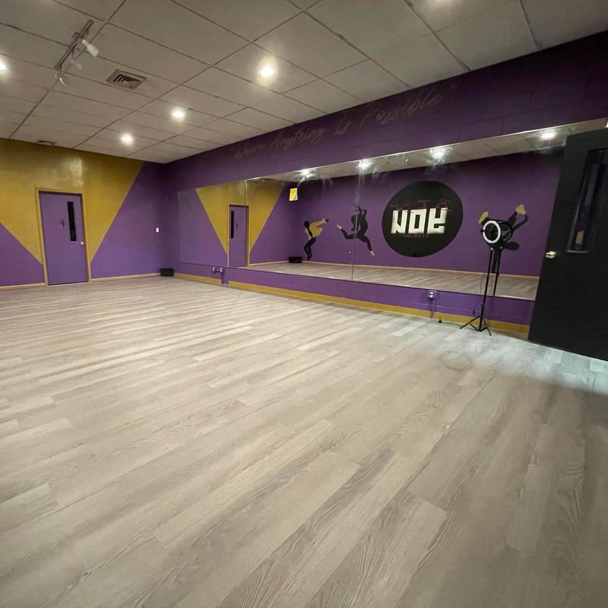 A spacious dance studio with purple and gold walls, a large mirror, and smooth wooden flooring.