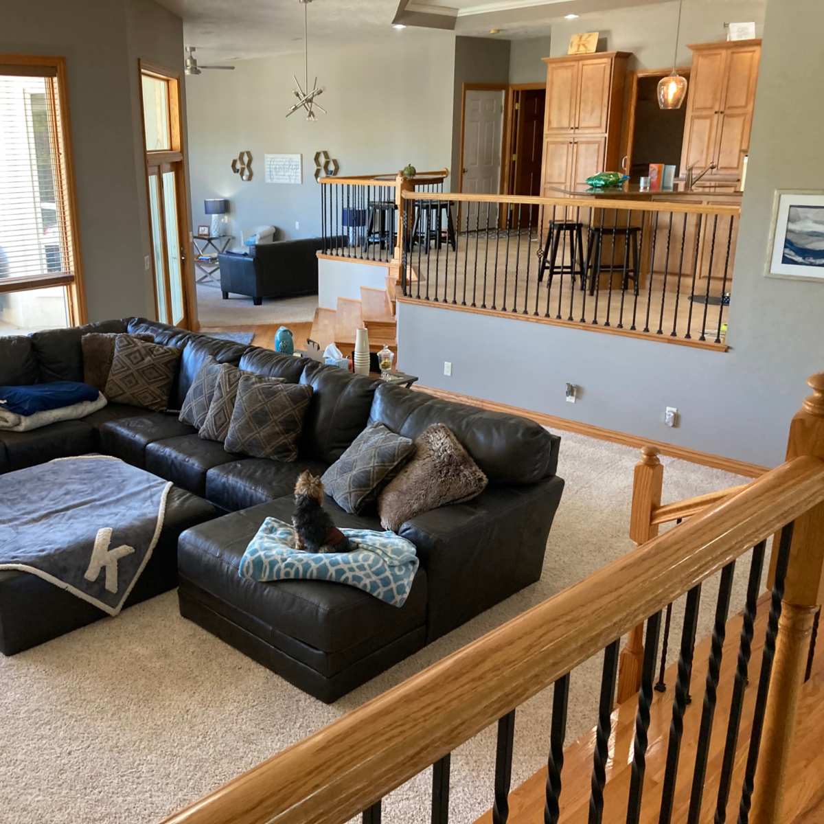 A spacious living room features a large L-shaped sectional sofa, light carpet, and windows that provide views of a landscaped yard.