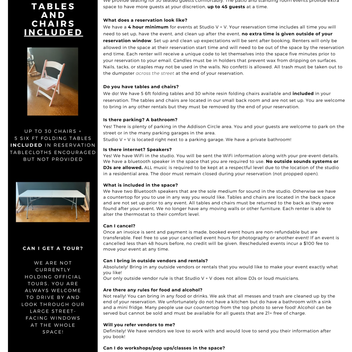 A detailed event inquiry information sheet for Studio V+V, outlining reservation details, amenities, and questions for potential clients.