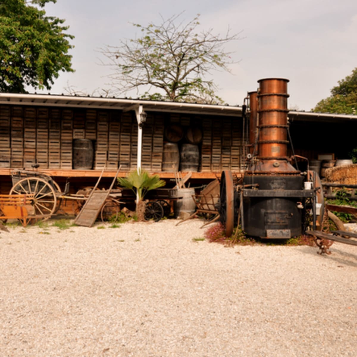 The scene shows an outdoor area with a vintage steam engine, surrounded by various old tools and wooden structures.